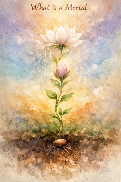 A blooming lotus plant with roots and glowing light, titled 'What is a Mortal'.