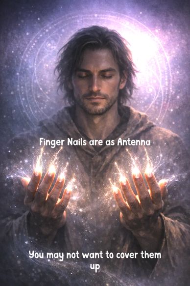 A mystical figure with glowing fingertips illustrating nails as antennas.