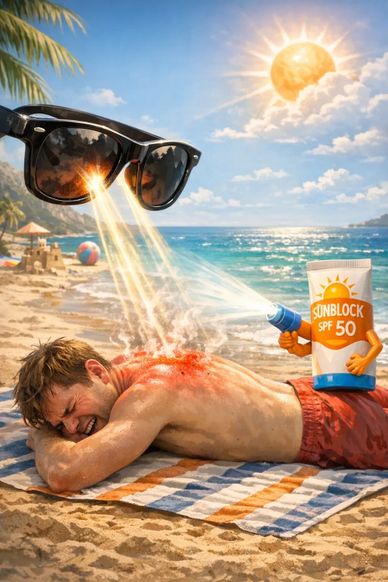 Sunglasses block sun rays while sunblock sprays SPF 50 on a sunburned man at the beach.