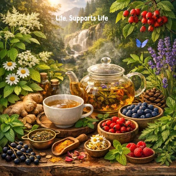A steaming cup of herbal tea surrounded by fresh herbs and berries.