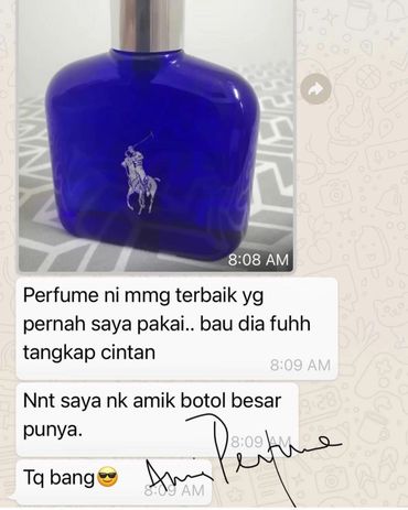 A blue perfume bottle with a conversation praising its scent and expressing intent to buy a larger size.