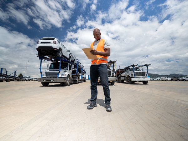 A happy Black male logistics worker in a safety vest holding a clipboard in a car shipping lot.