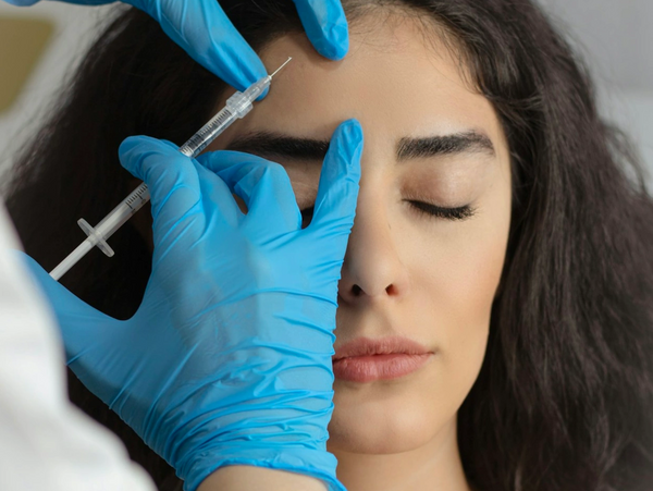 A woman receives a cosmetic injection in her forehead.