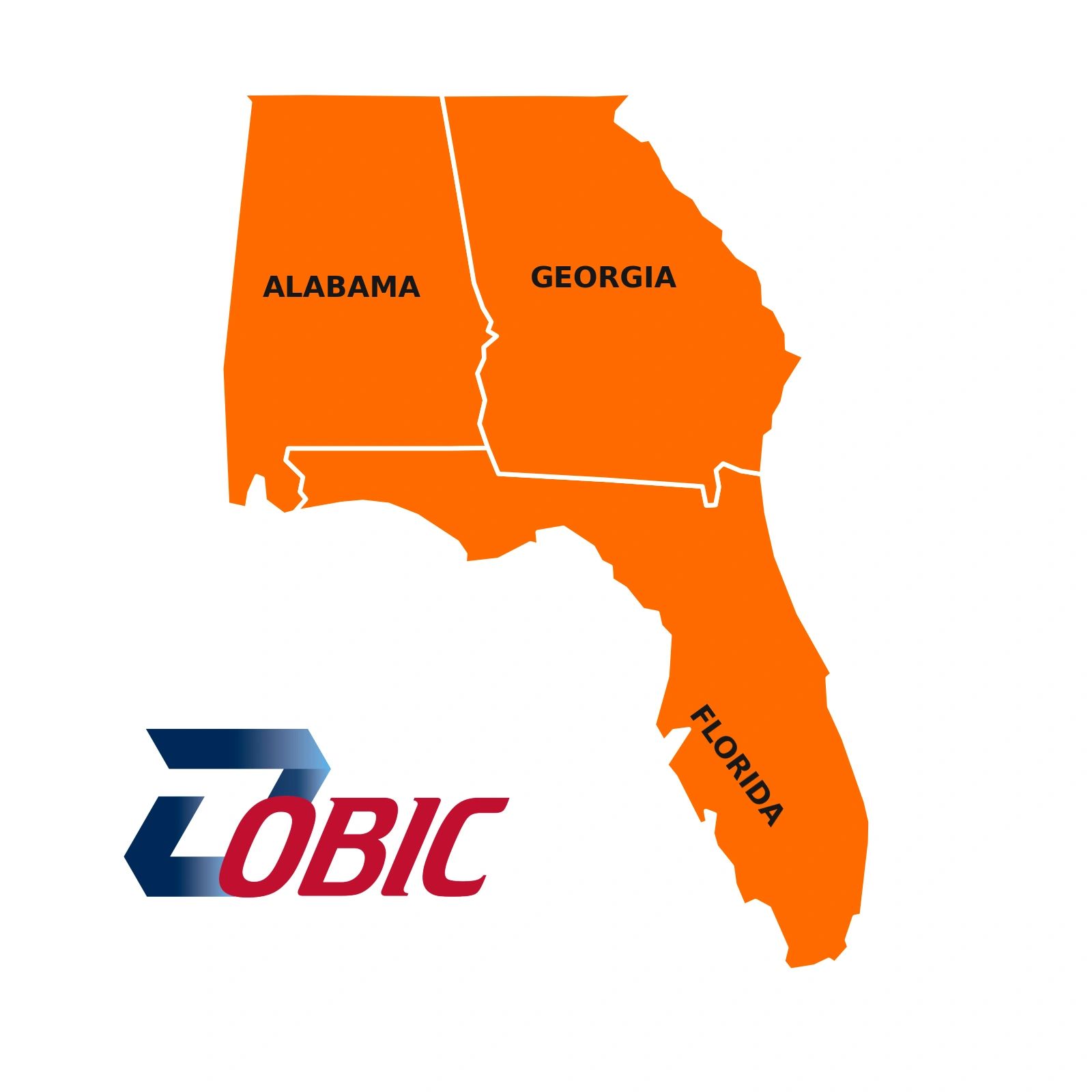 OBIC logo beside a service-area map of Georgia, Florida and Alabama.