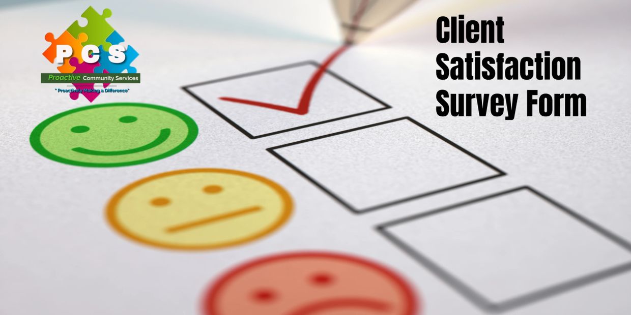 Client satisfaction survey form with a red check mark on a happy face icon.