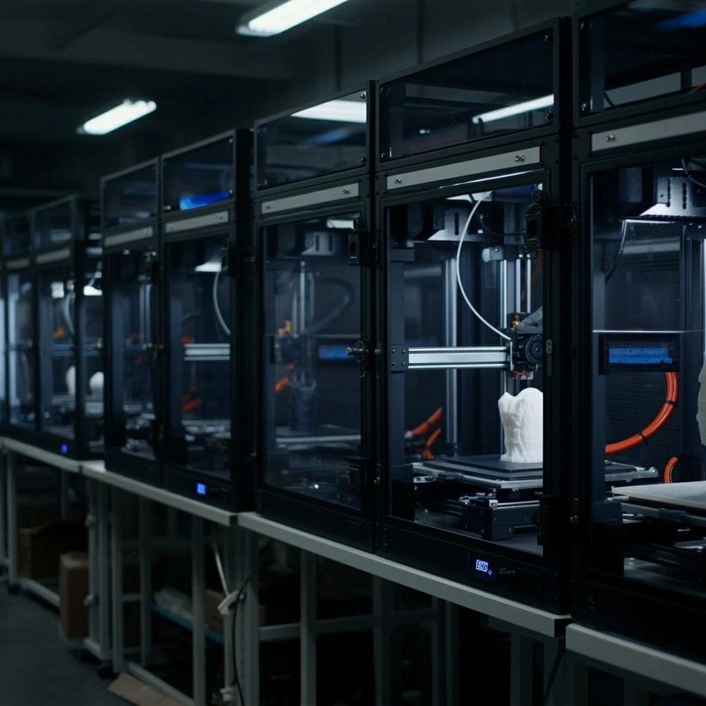 A row of 3D printers actively printing white objects in a dimly lit industrial setting.