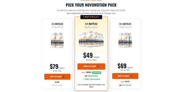 Novumotion supplement packs with pricing for 2, 6, and 3 bottles.