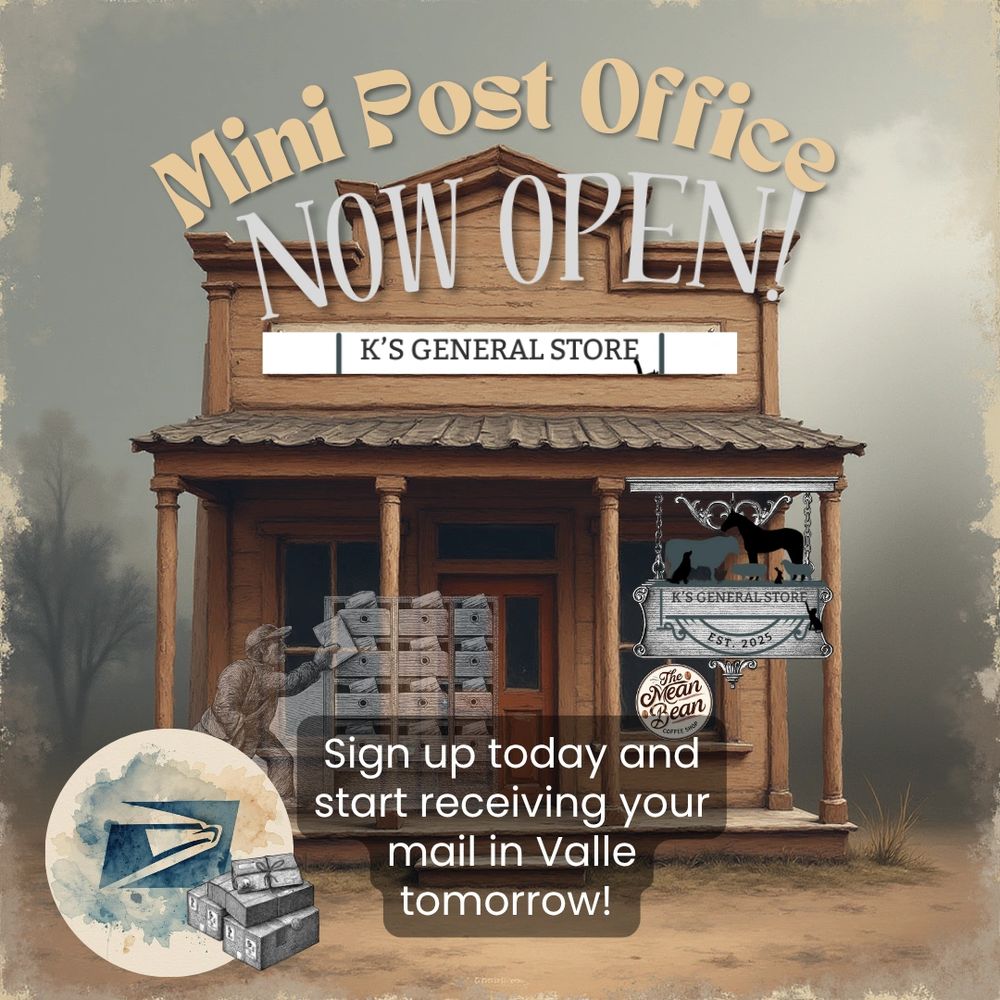 General store with post man delivering mail and packages. 