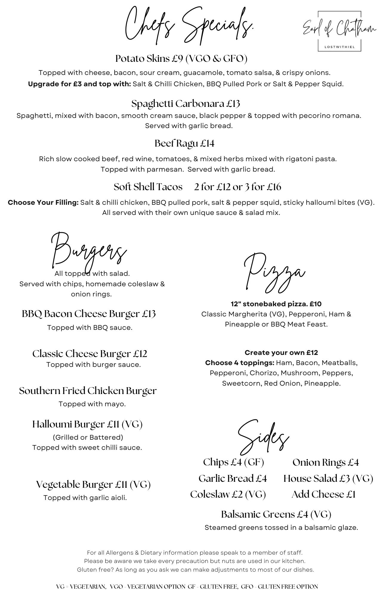 Menu featuring chef specials, burgers, pizza, and sides with vegetarian and gluten-free options.