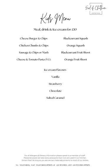 Kids menu with meal, drink, and ice cream for £10 at Earl of Chatham.