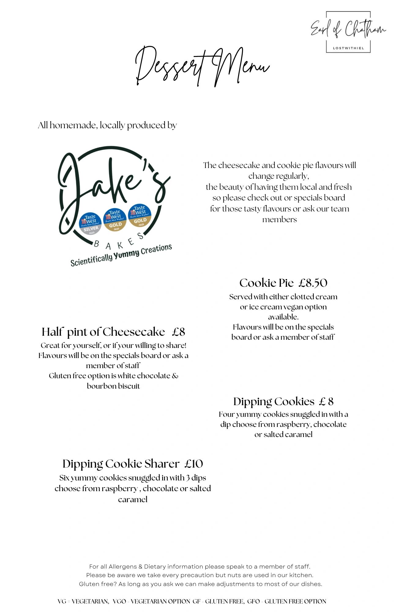 Elegant dessert menu featuring Jake's Bakes with cheesecake, cookie pie, and dipping cookies.