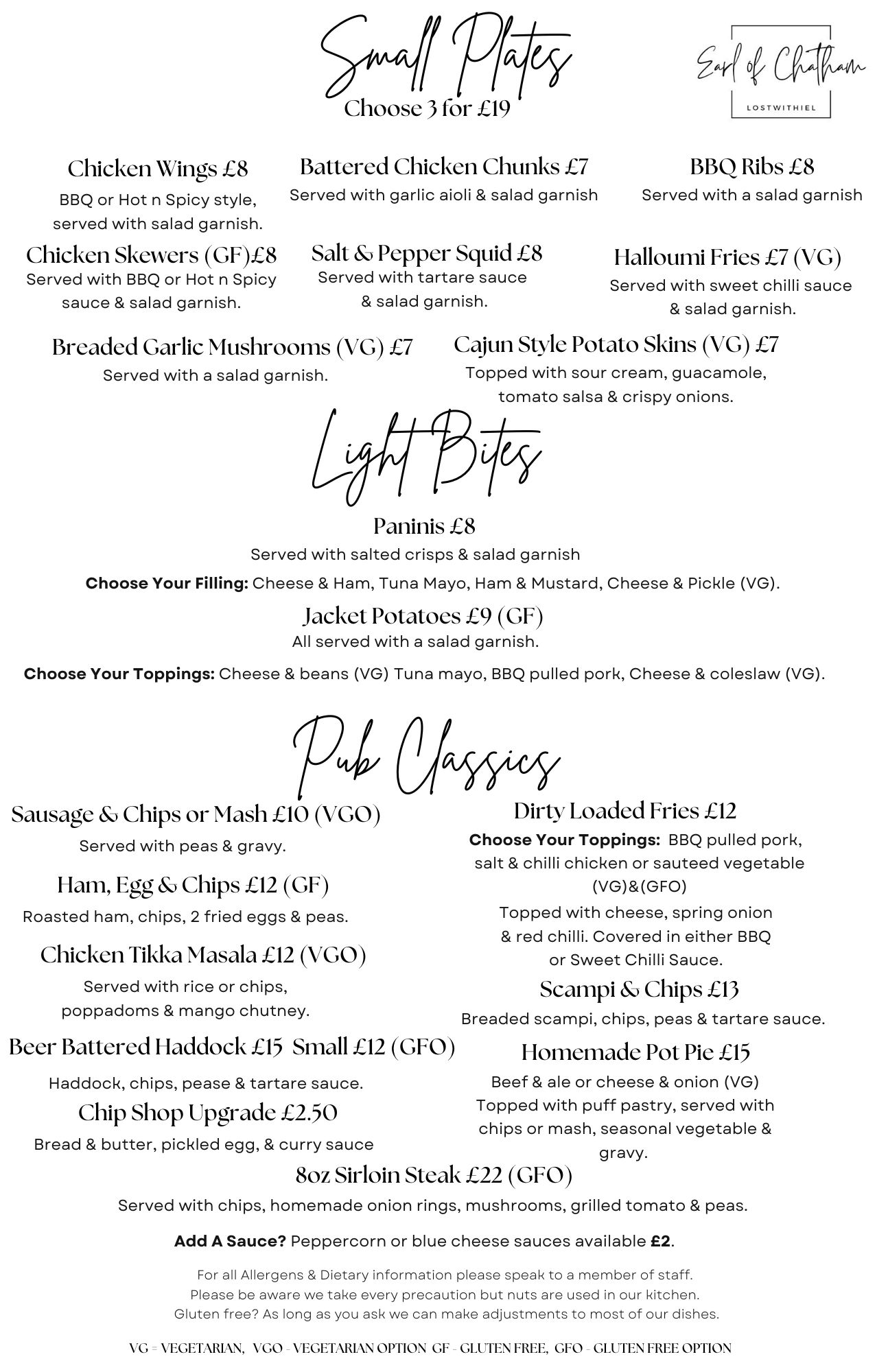 Earl of Chatham menu featuring small plates, light bites, and pub classics with various dietary options.