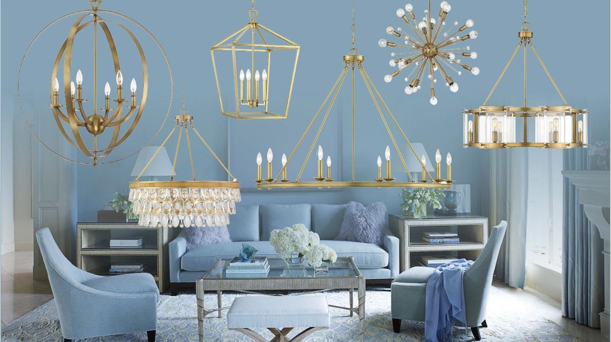 Various elegant gold chandeliers displayed over a stylish blue living room.