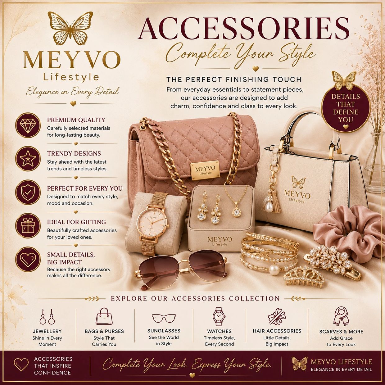 Elegant Meyvo Lifestyle accessories including bags, jewelry, watches, and sunglasses for every style.