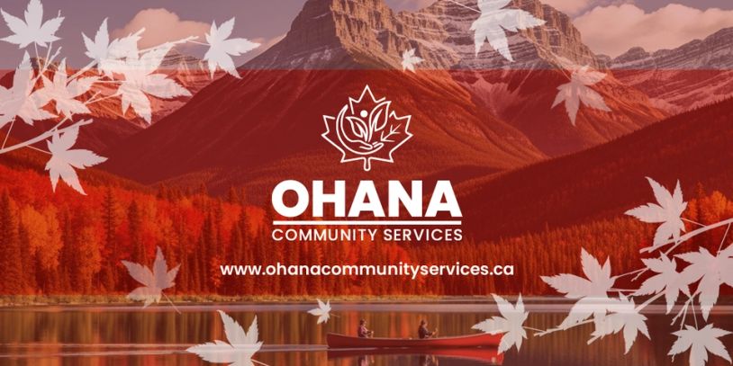 Ohana Community Services logo with mountain and lake background