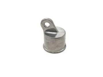 Small metal cap with a tab and hole.