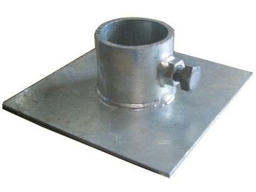 Metal base plate with a cylindrical pipe holder and bolt.