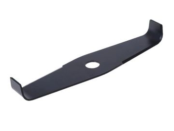 Black metal lawnmower blade with center hole.