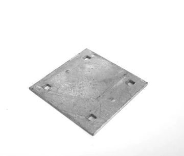 Square metal plate with four holes.