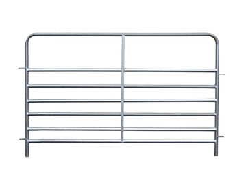 Metal livestock gate with horizontal bars.