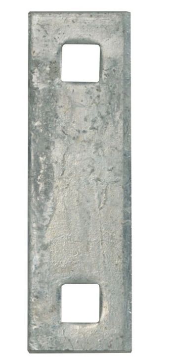 Rectangular metal plate with two square holes.