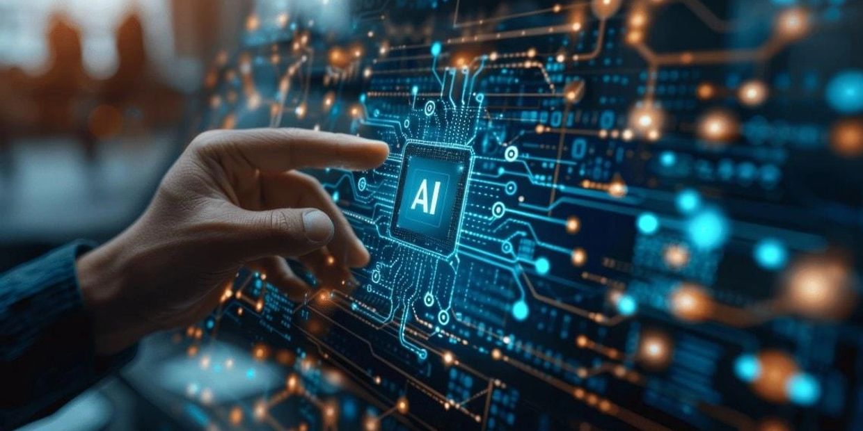 Hand interacting with AI circuit board.