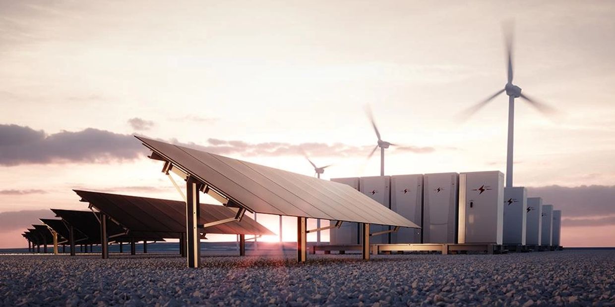 Solar panels and wind turbines generating renewable energy.