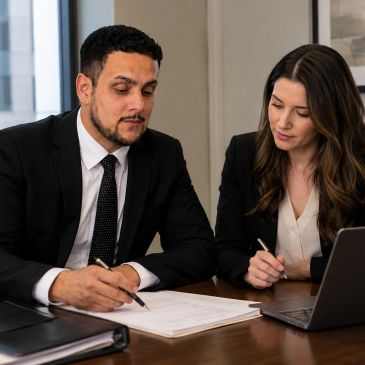 Two professionals reviewing documents in an office.