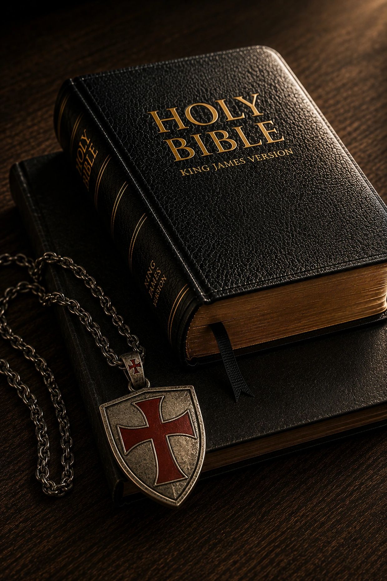 King James Bible with a medieval cross necklace.