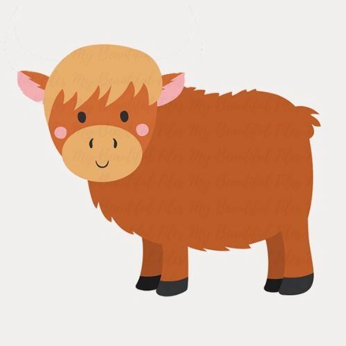 Cute cartoon highland cow with light brown fur and pink cheeks.