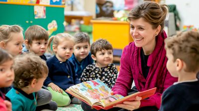 Teacher reading an illustrated book to a group of attentive young children in a classroom.