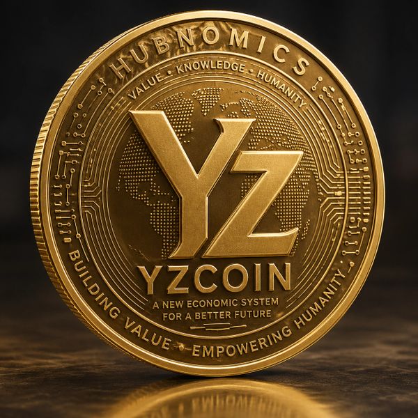 Golden YZCoin token symbolizing a new economic system.