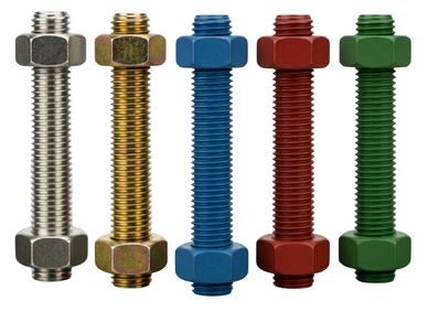Five colored bolts with matching nuts, lined up in a row.