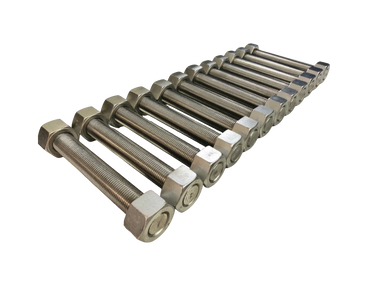 A row of steel bolts arranged diagonally on a white background.