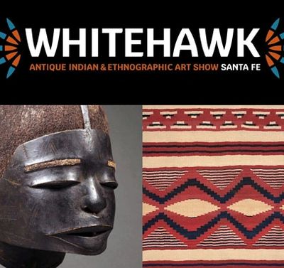 Whitehawk Antique Indian &amp; Ethnographic Art Show logo with a tribal mask and textile.