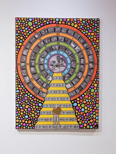Colorful circular art with a figure climbing steps to a central image.