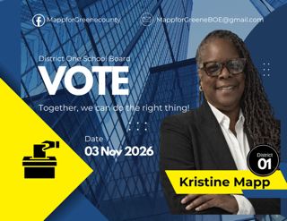Kristine Mapp campaign poster for District One School Board vote in 2026.