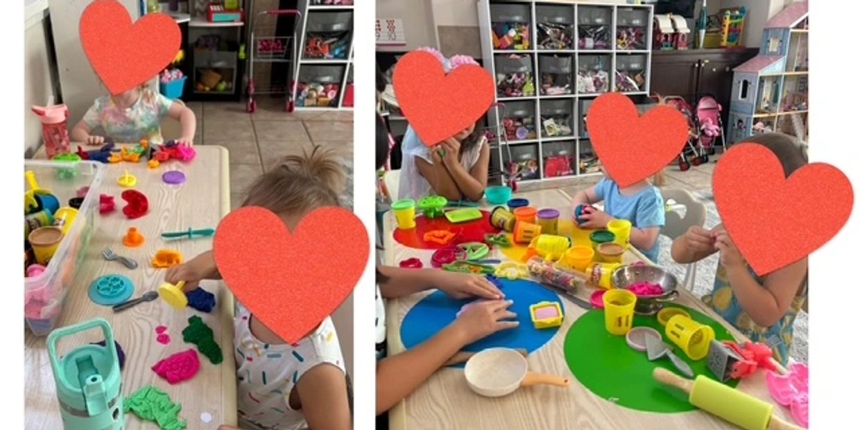 Children playing with colorful playdough at a table in a classroom or playroom.