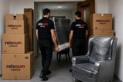 Two movers carrying wrapped furniture amid packed boxes in a hallway.