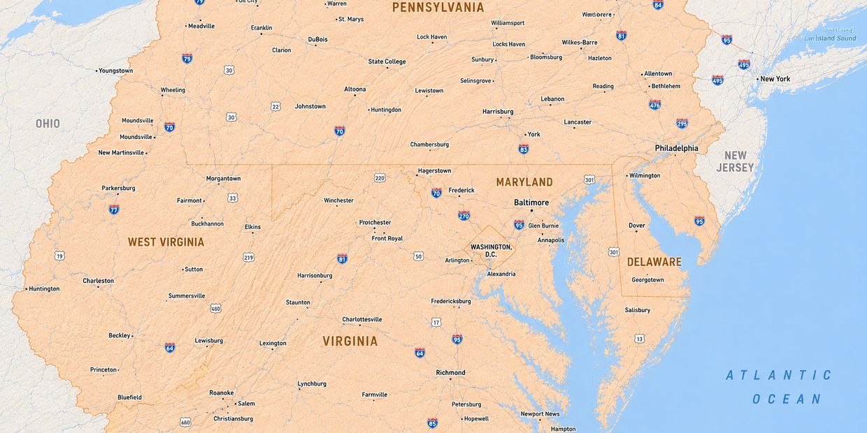 Map showing parts of Pennsylvania, Maryland, Virginia, West Virginia, Delaware, and surrounding areas.
