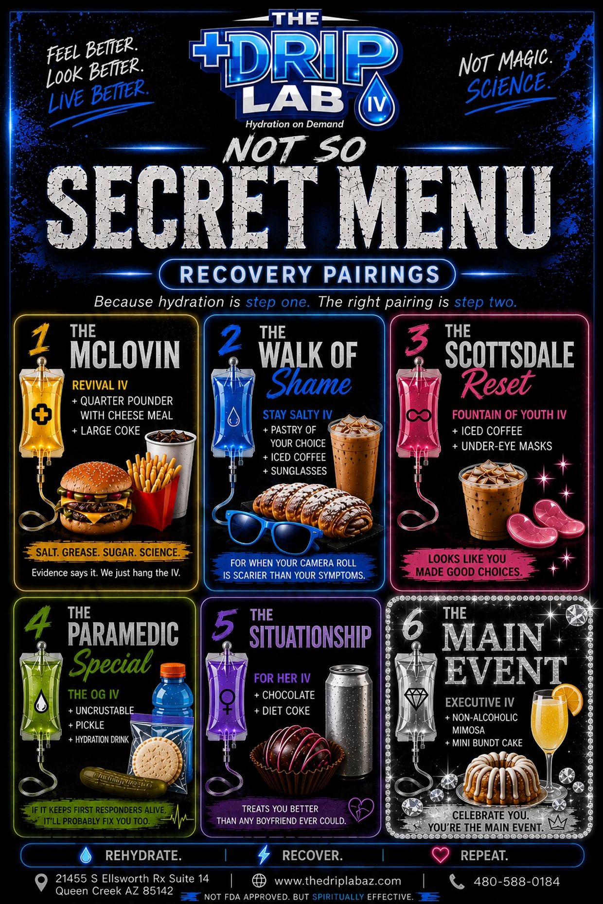 The Drip Lab IV offers a recovery pairing menu with hydration and complementary treats.