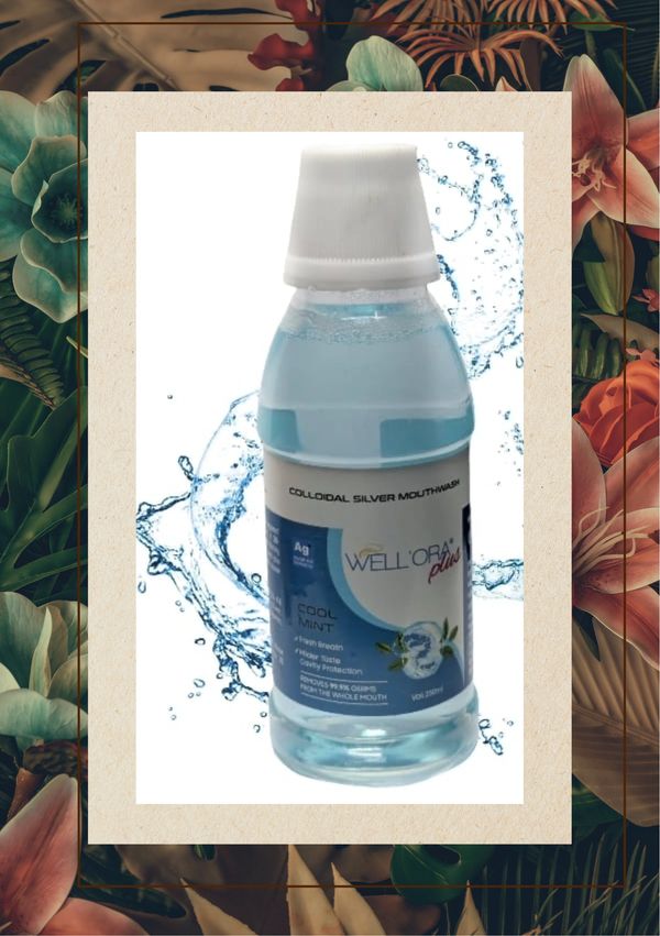 Bottle of Well'Ora Plus cool mint colloidal silver mouthwash.