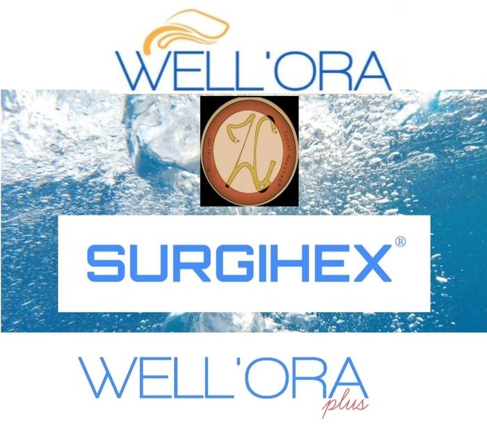 Logos of WELL'ORA, SURGIHEX, and WELL'ORA plus on a water bubble background.