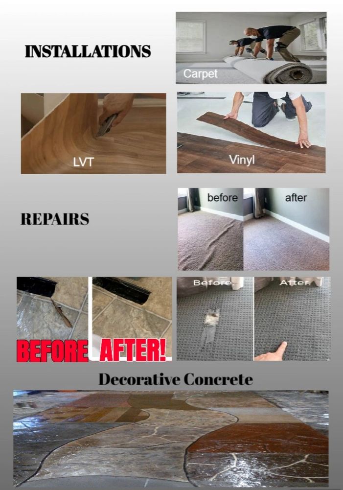 Various flooring installations, repairs, and decorative concrete work showcased.