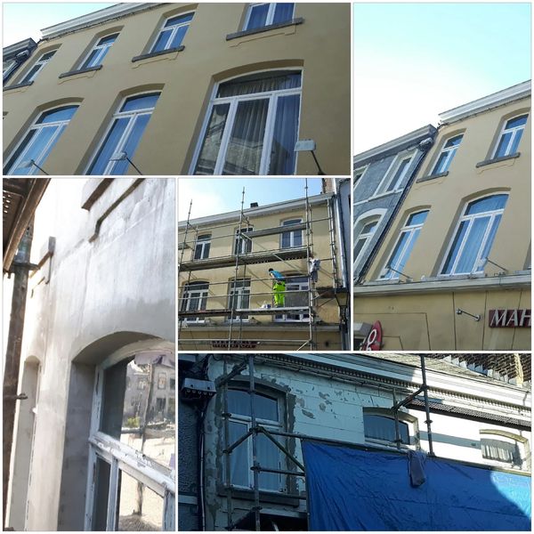 Collage showing a building undergoing exterior renovation and painting work with scaffolding.
