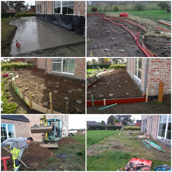 Six images showing various stages of backyard landscaping and construction work near a brick house.