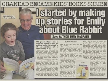 Grandad writes bedtime stories for granddaughter Emily about Blue Rabbit.