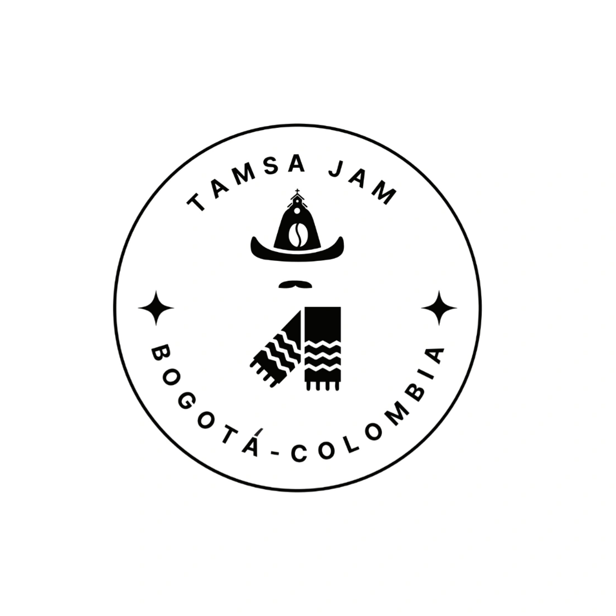 Logo for Tamsa Jam, Bogotá, Colombia, featuring a hat, coffee bean, and scarf.