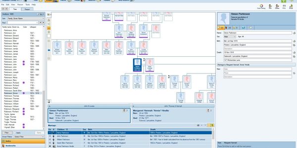 Computer display of Genealogical Research application software as used by a professional genealogist