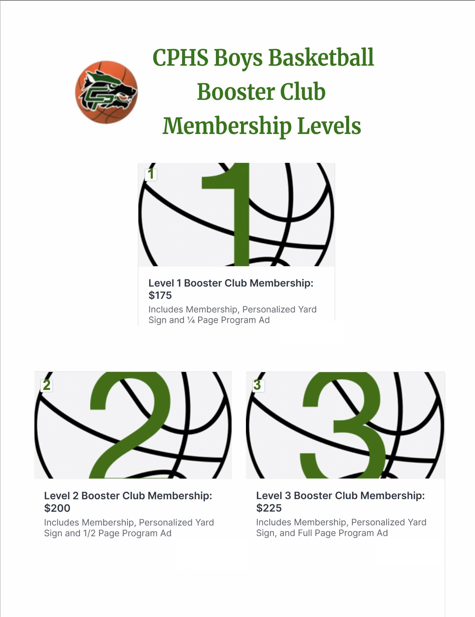 CPHS Boys Basketball membership level details and benefits.